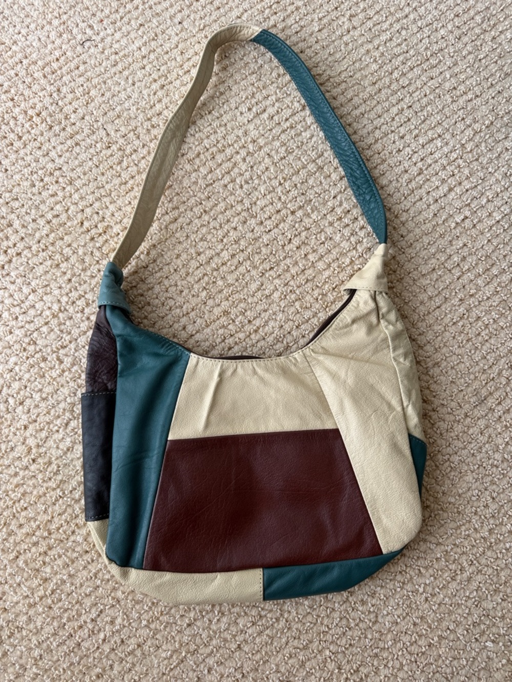 Patchwork Leather Shoulder Bag in Teal, Burgundy & Cream